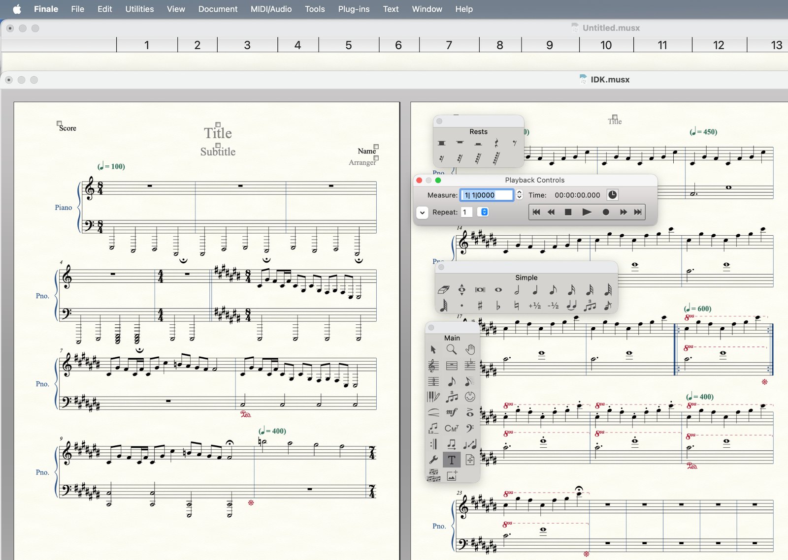 Two scores open side by side in the Finale notation program, with the rests, playback and main tool palettes floating over them
