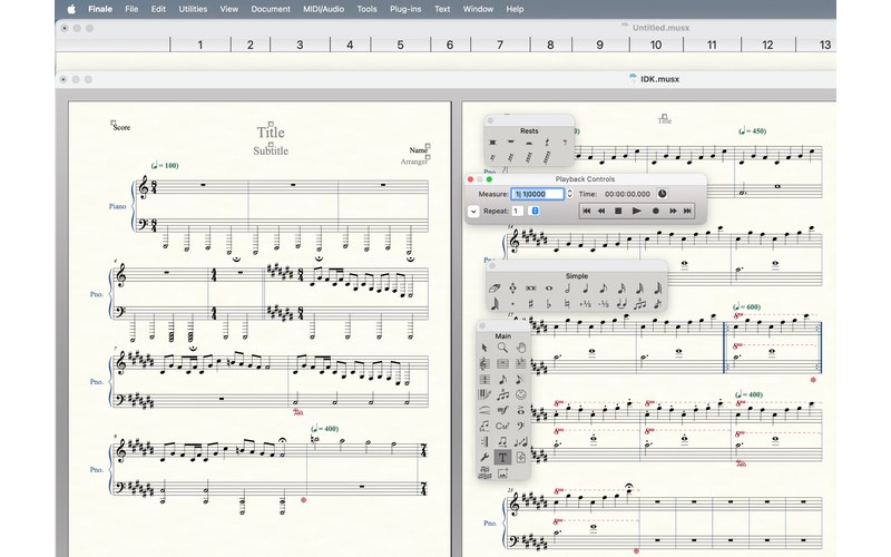 Two scores open side by side in the Finale notation program