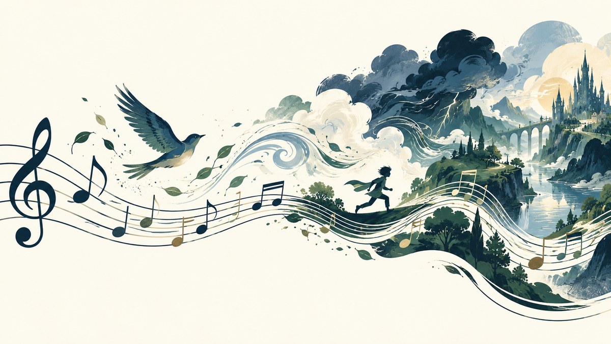 A staff of music flowing into a landscape, with a bird, a running figure and a distant castle