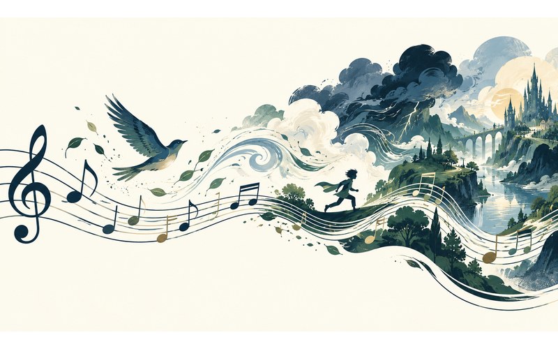 A staff of music flowing into a landscape, with a bird, a running figure and a castle