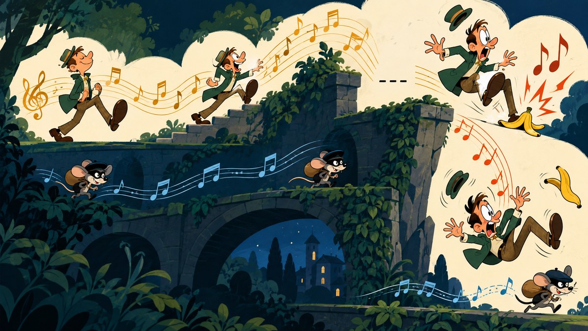 A cartoon character chased across a bridge and slipping on a banana peel, with musical notes following the action
