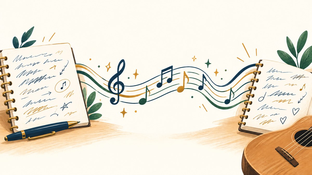 Two notebooks of handwritten lyrics on either side of a flowing staff of music, with a guitar