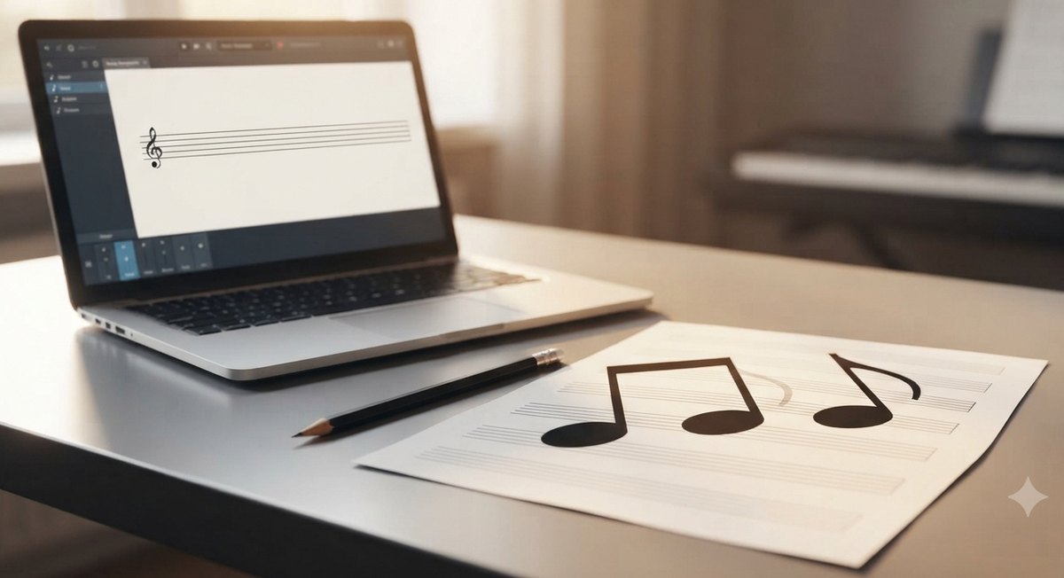 A laptop running notation software beside a sheet of manuscript paper