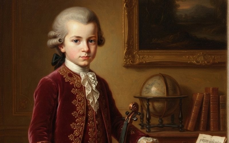 Portrait of a young Mozart beside a keyboard