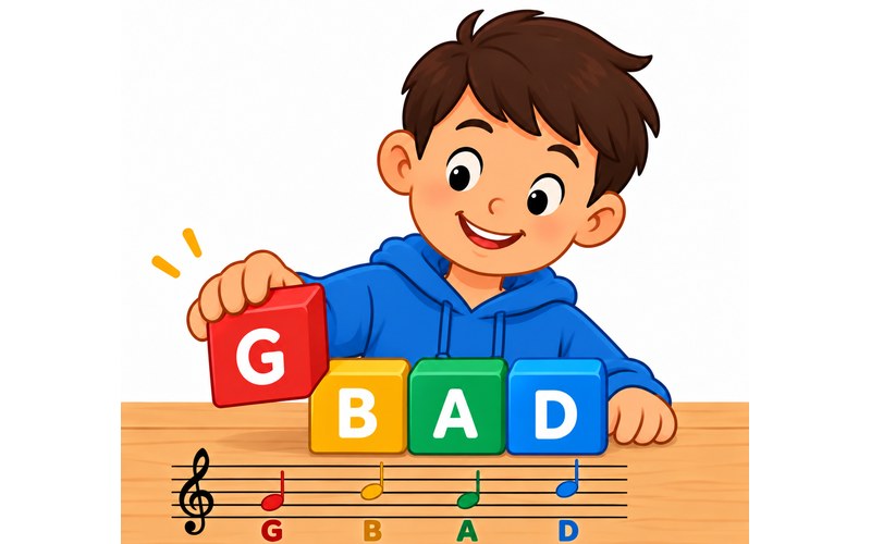 A young musician arranging lettered blocks above a musical staff