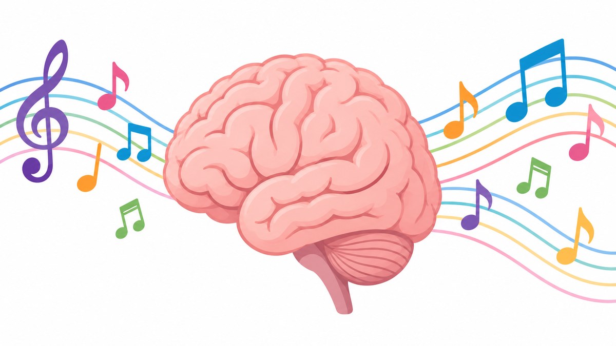 An illustration of a brain surrounded by flowing musical notes