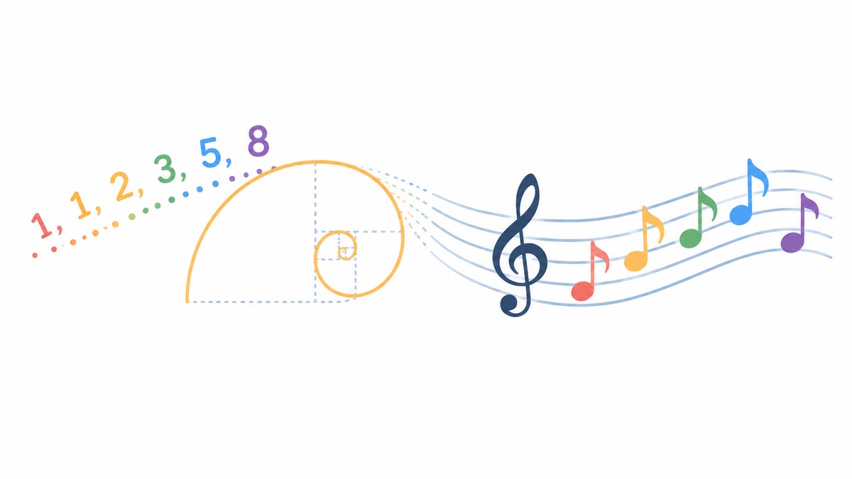 A Fibonacci spiral drawn from the numbers 1, 1, 2, 3, 5, 8 beside a musical staff