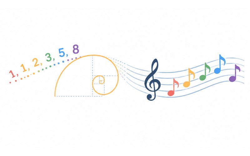 A Fibonacci spiral drawn from the numbers 1, 1, 2, 3, 5, 8 beside a musical staff